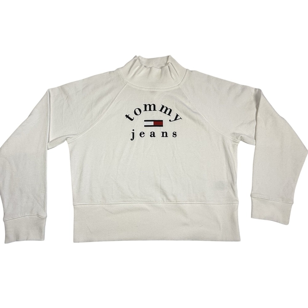 Tommy Jeans Crop Sweatshirt Sweater Women‎ Sz M White Pullover Y2k 90s Grunge